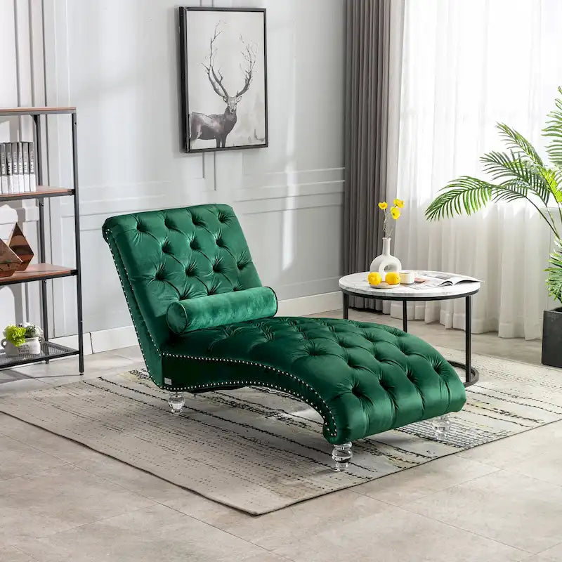 Velvet Tufted Chaise Lounge Chair Ergonomic S Shape Recliner with Pillow, Nailhead Trim and Acrylic Legs for Indoor Use
