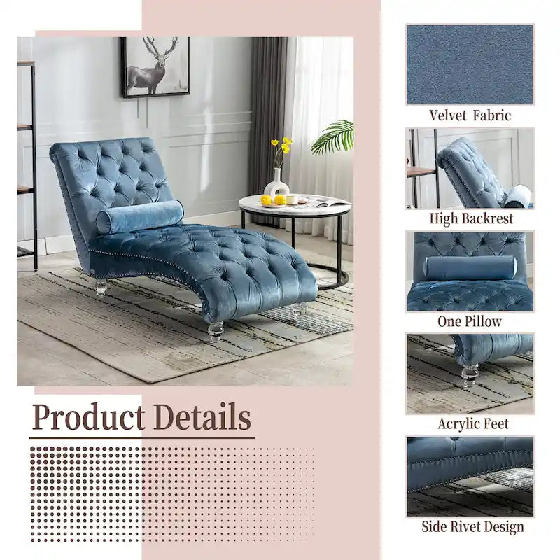 Velvet Tufted Chaise Lounge Chair Ergonomic S Shape Recliner with Pillow, Nailhead Trim and Acrylic Legs for Indoor Use