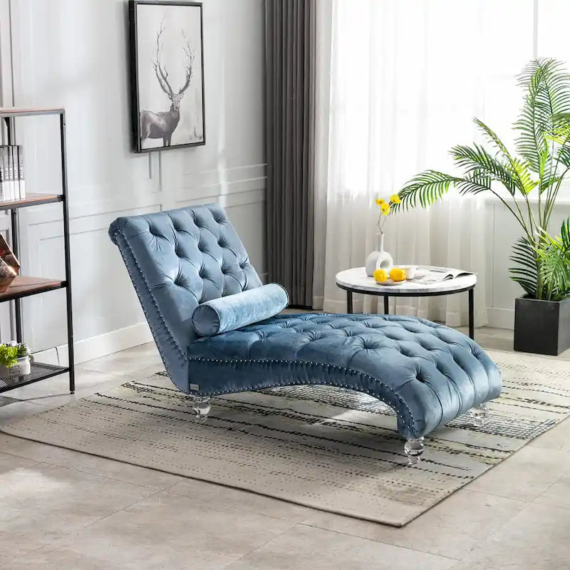 Velvet Tufted Chaise Lounge Chair Ergonomic S Shape Recliner with Pillow, Nailhead Trim and Acrylic Legs for Indoor Use