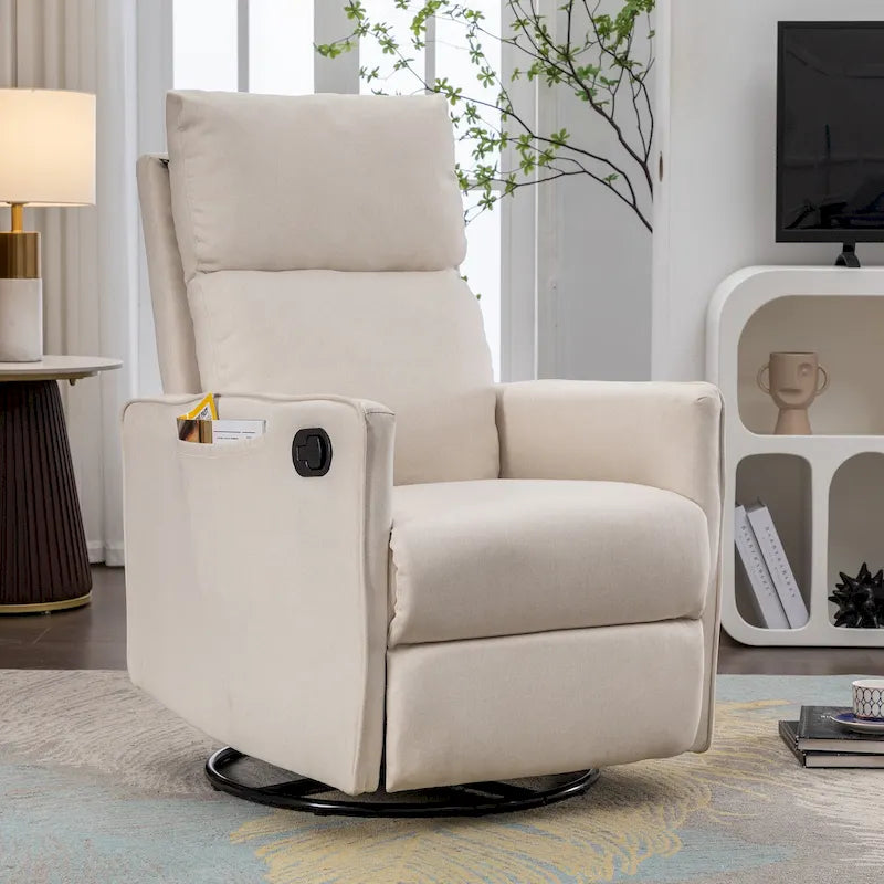 Cotton Linen Fabric Swivel Rocking Chair Glider Rocker Recliner Nursery Chair with Adjustable Back and Footrest