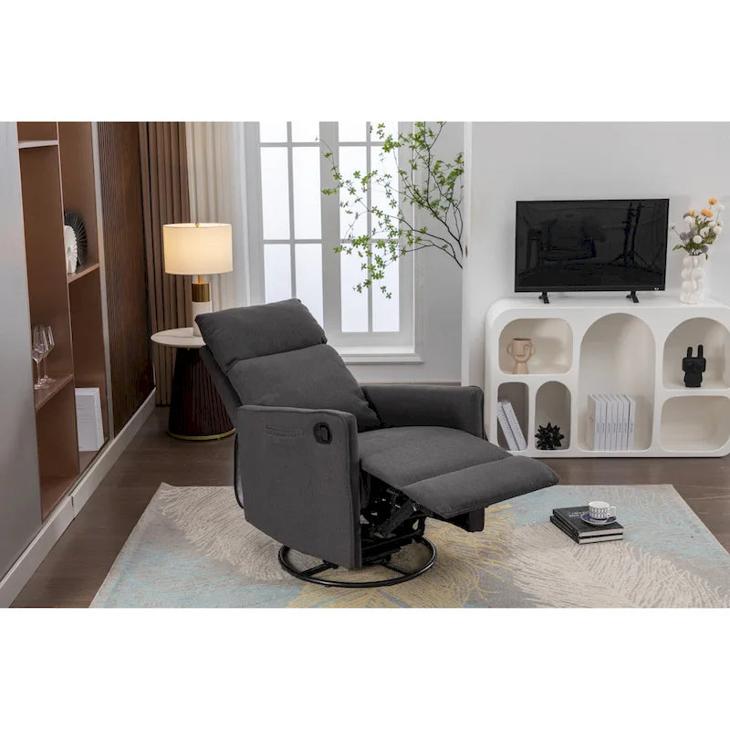 Cotton Linen Fabric Swivel Rocking Chair Glider Rocker Recliner Nursery Chair with Adjustable Back and Footrest