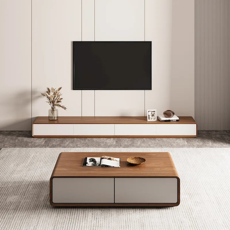 Modern Rectangular TV Stand with 4 Drawers, Wood Veneer Media Console, Walnut White, Solid Wooden, Fully-Assembled