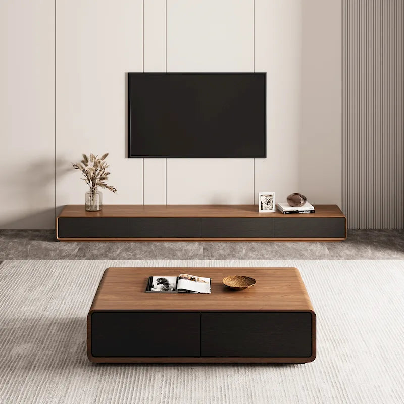 Modern Rectangular TV Stand with 4 Drawers, Wood Veneer Media Console, Walnut White, Solid Wooden, Fully-Assembled