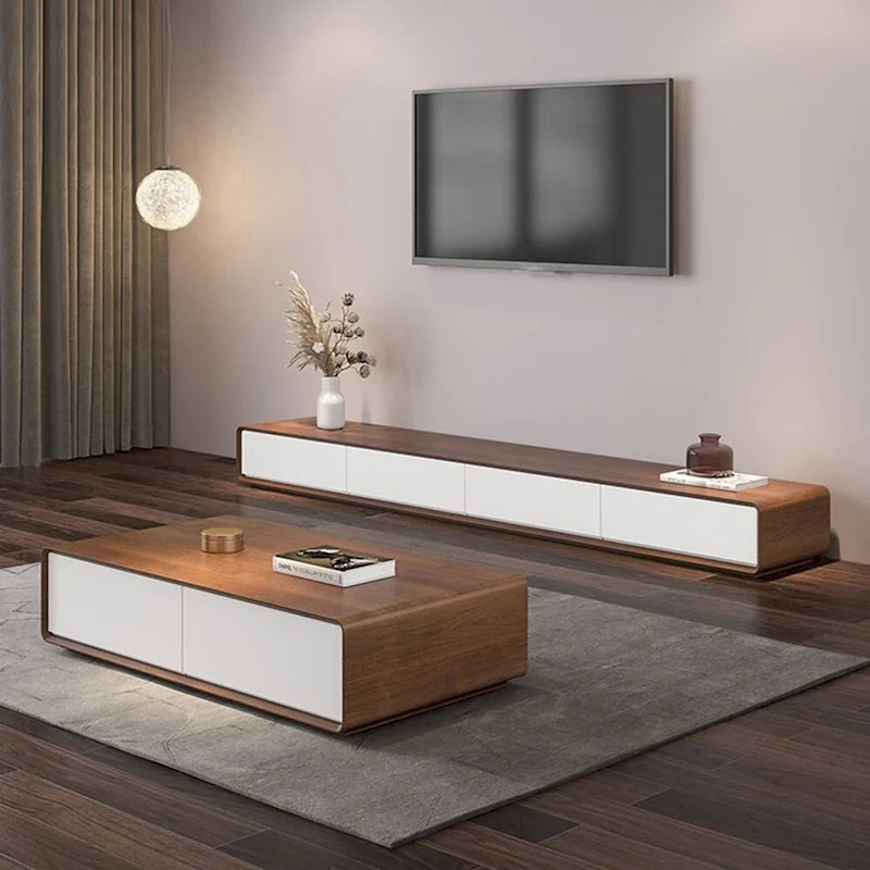 Modern Rectangular TV Stand with 4 Drawers, Wood Veneer Media Console, Walnut White, Solid Wooden, Fully-Assembled
