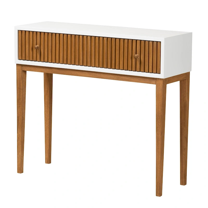 Mid-Century Modern Two-Tone Natural Brown and White Bayur Wood 1-Drawer Console Table