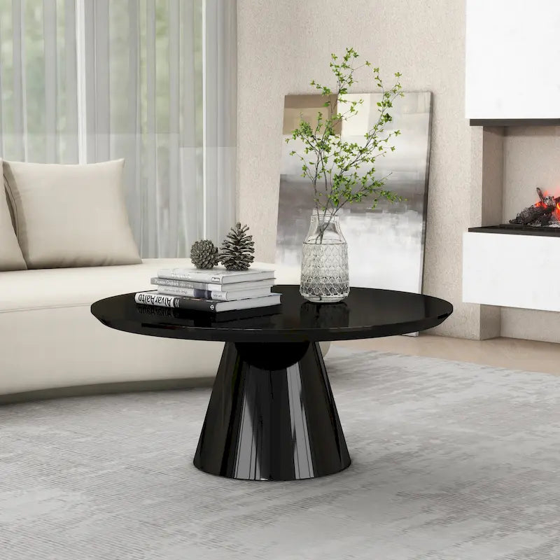 Modern Cone Coffee Table for Living Room, High Gloss Finish, 35.4in Diameter, Black or White