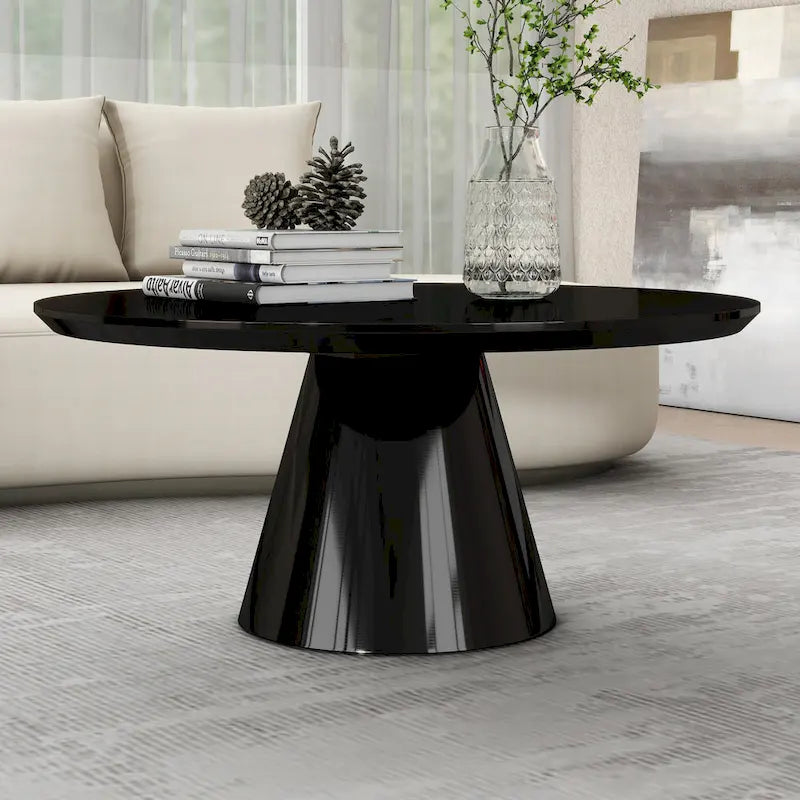 Modern Cone Coffee Table for Living Room, High Gloss Finish, 35.4in Diameter, Black or White